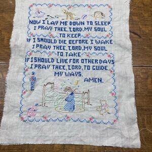 Embroidered cross stitch vintage Prayer Sampler in Blue and Pastel Colors